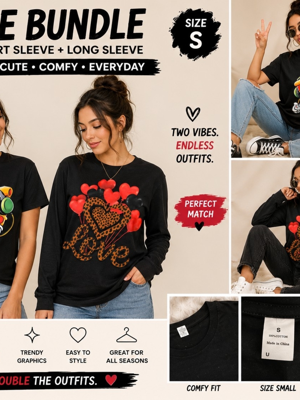🔥 TRENDY GRAPHIC TEE BUNDLE 🔥
Pizza Gamer Tee + Leopard Heart LOVE Long Sleeve